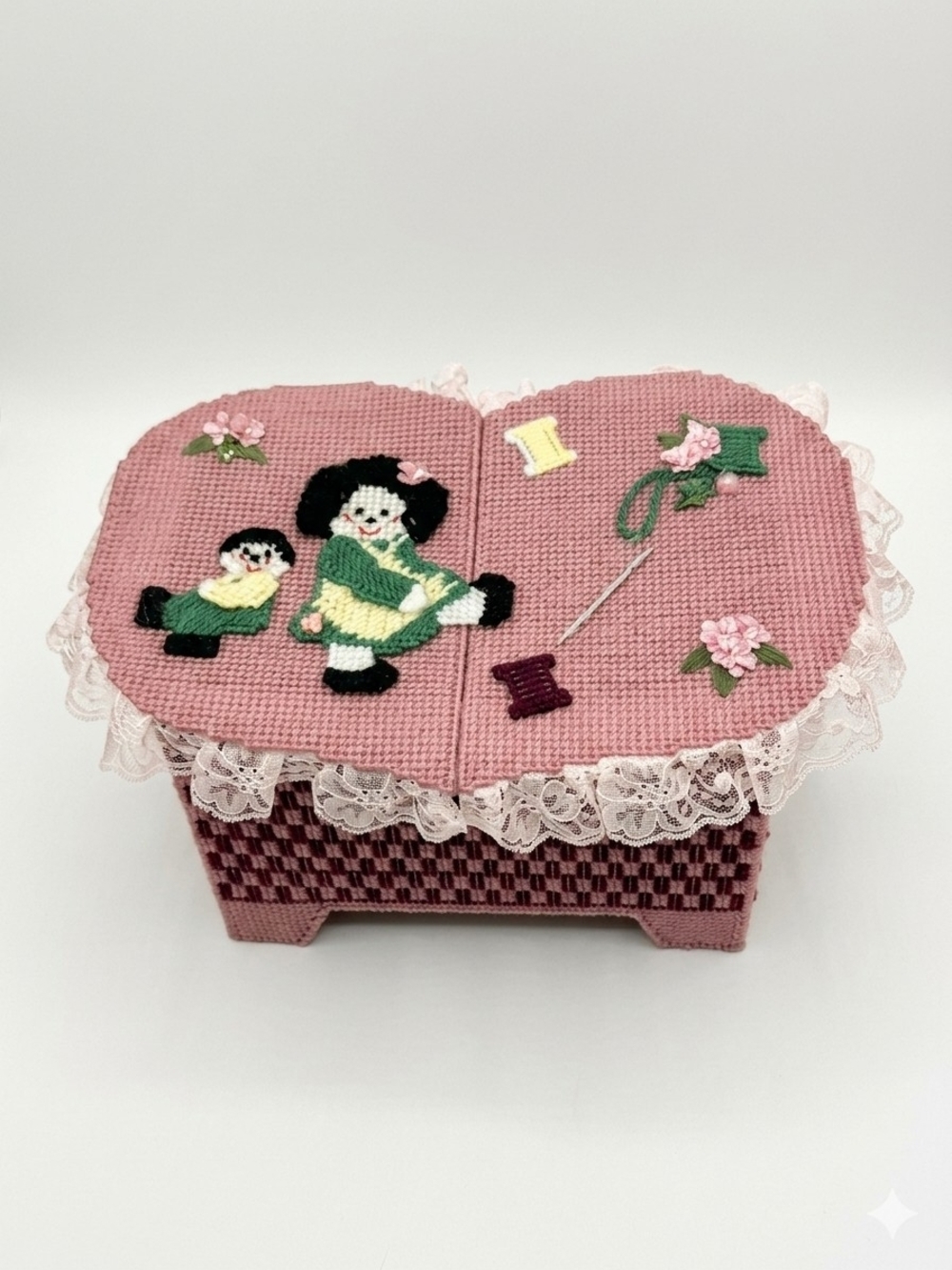 Handcrafted Pink Needlepoint Heart Shape Sewing Box Basket Craft Plastic Canvas